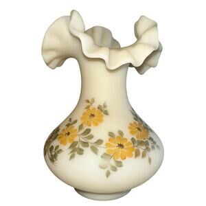 Vintage Fenton Ruffled Custard Burmese Vase Hand Painted 7" Signed Daisies CLEAN